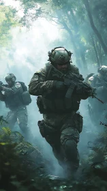Special forces squad advances through dense forest fog