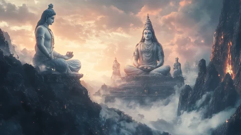 Serene mountain deities resting above a glowing misty world.