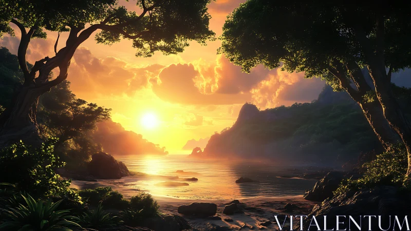 Sunlit tropical cove at dawn with glowing misty horizon.