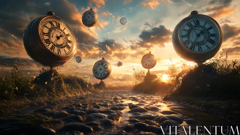 Wandering pocket watches drift down a molten sunset road.