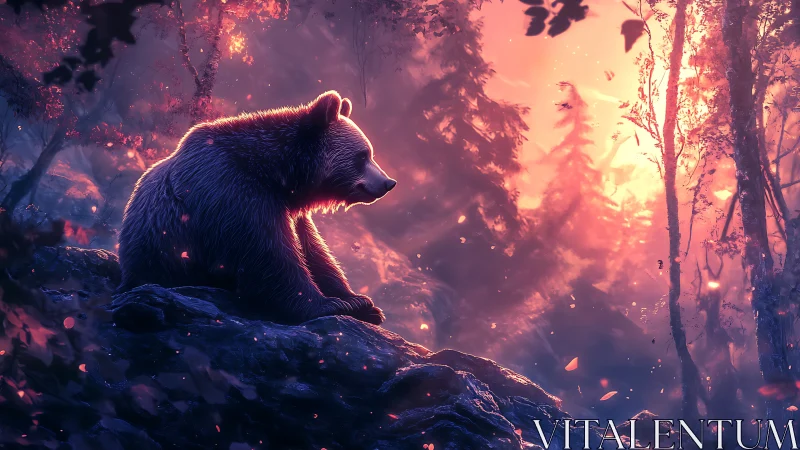 Backlit bear on rocky ledge in bioluminescent dusk forest