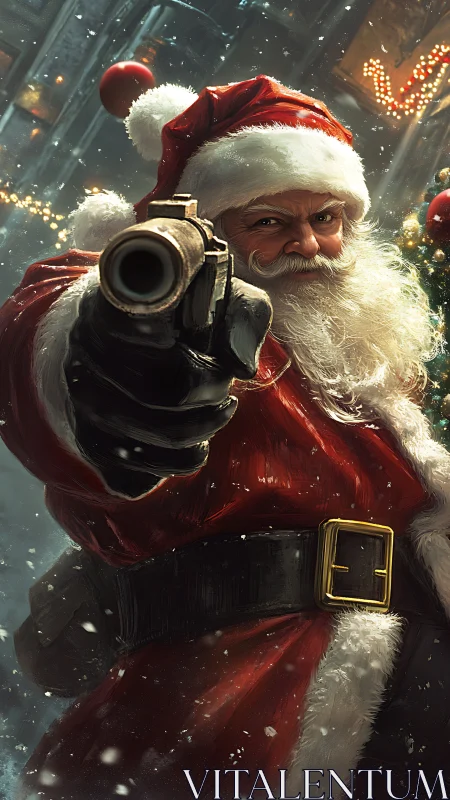 Militarized Santa portrait with dramatic frontal weapon focus.