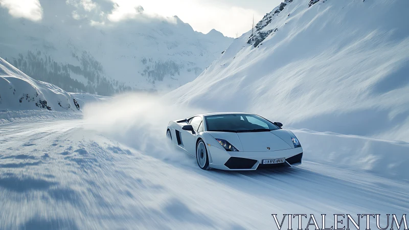 Supercar slicing through calm snow on a high mountain pass.