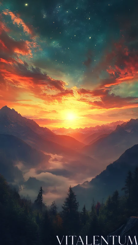 Vivid mountain sunrise above misty forest valley panorama.