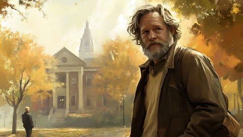 Middle‑aged man stands before campus building in autumn