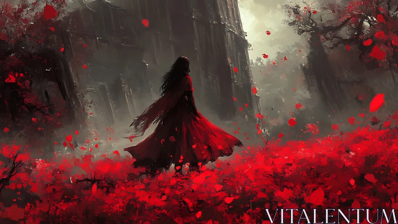 Solitary figure in red stands before a dark vertical structure