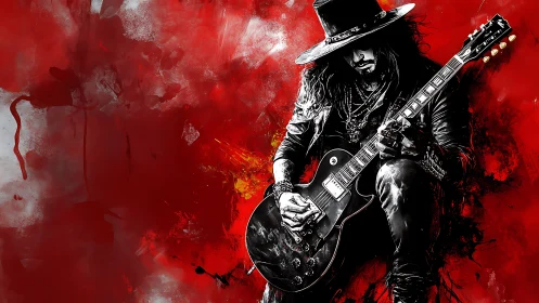 Guitarist in dark attire against red abstract backdrop.