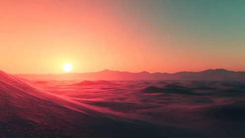 Digital painting sunset over neon dunes in planar perspective.