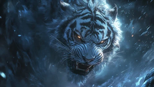 Luminous white tiger charge in stormlit blizzard, cyan highlights