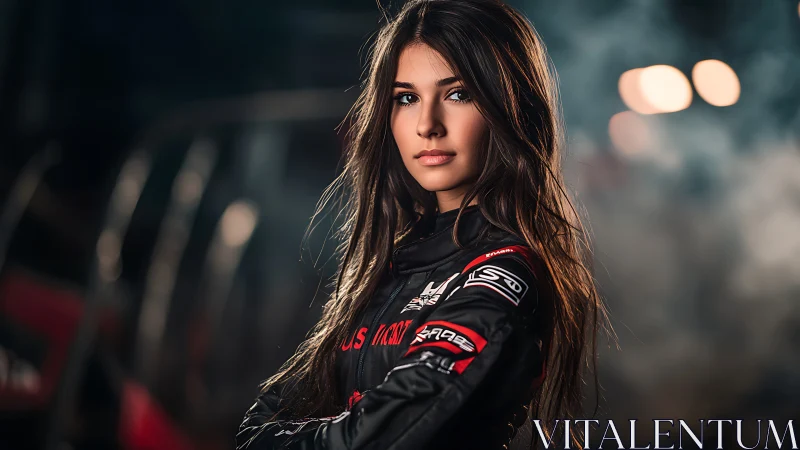 Confident female racer stands in smoke lit pit lane at night