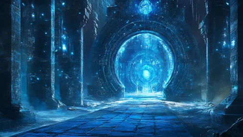 Luminescent ice portal within ancient cyber temple.