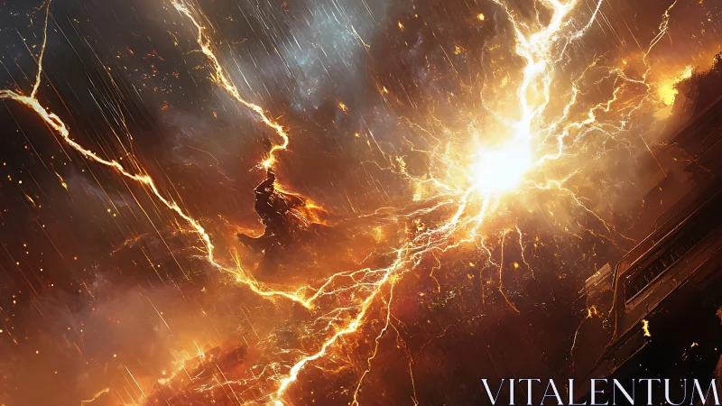 Armored figure confronts apocalyptic lightning blast in storm