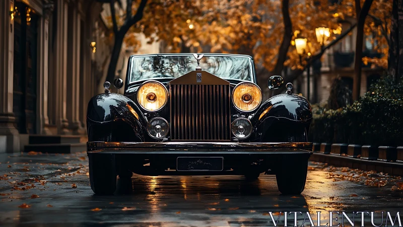 Vintage luxury car gleams on a rainy autumn city street