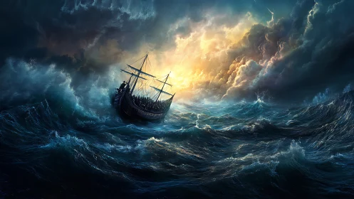 Wooden sailing ship in turbulent ocean under storm clouds.