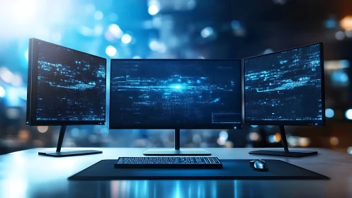 Triple-monitor workstation with digital data displays.