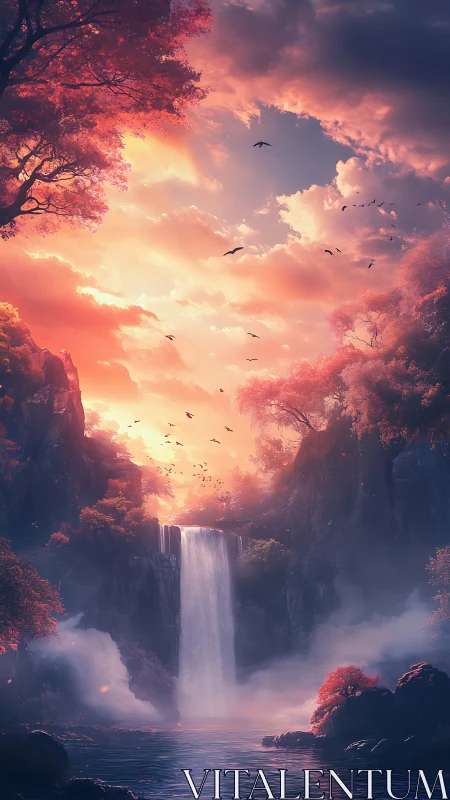 Vertical fantasy waterfall scene shows mist and sunset sky