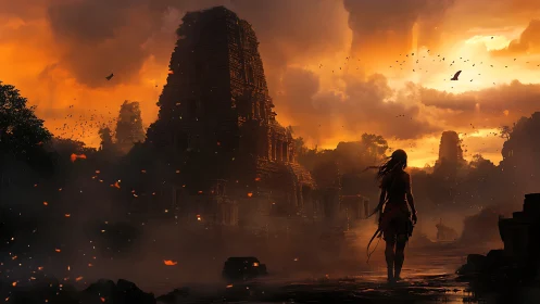 Warrior silhouette before burning jungle temples at dusk.