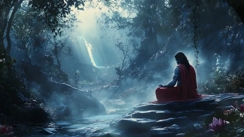 Moonlit mystic in scarlet robe greeting a dreaming forest.