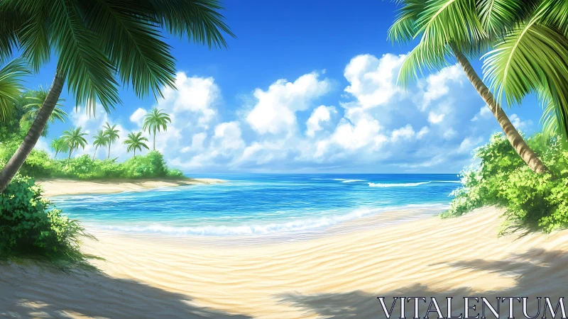 Tropical Coastal Landscape with Palm-Framed Beach and Cerulean Ocean Rendering