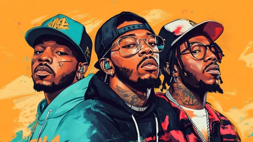 Digital painting portrait triptych of urban hip hop figures.