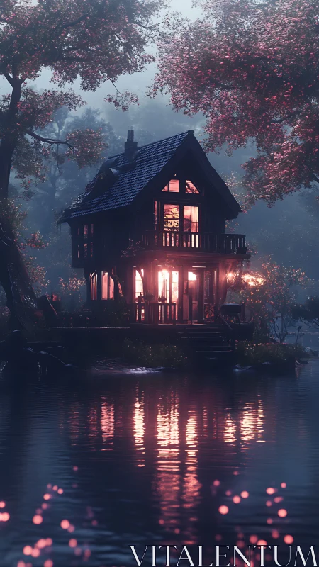 Lakeside glow lights up a secret storybook forest cabin.