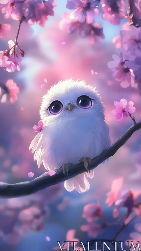 Gentle white owl resting among dreamy cherry blossoms.