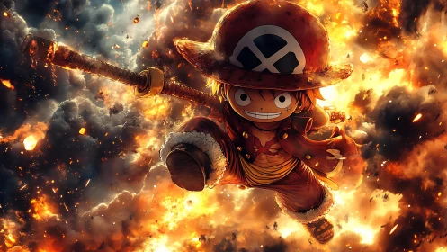 Flame-lit sky pirate charges forward through roaring chaos.