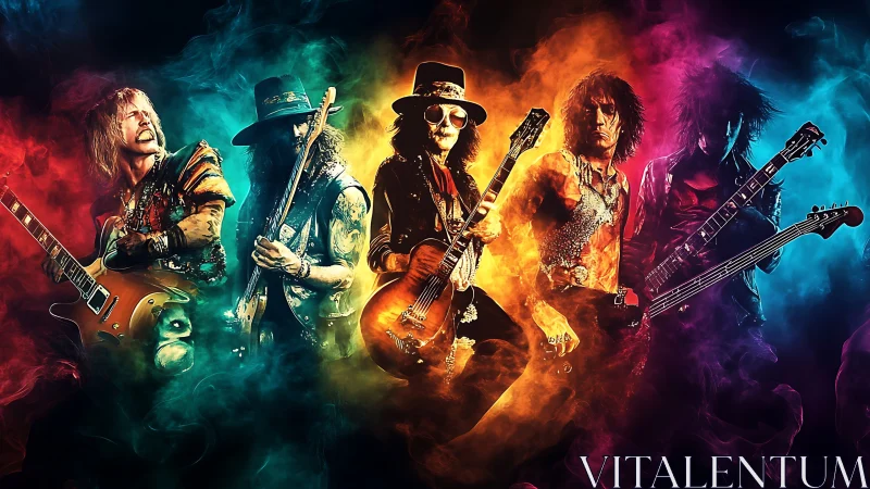 Five rock guitarists in neon smoke with vivid color gradients