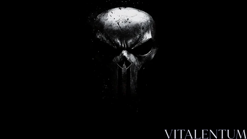 Metallic skull emblem centered on a black textured background