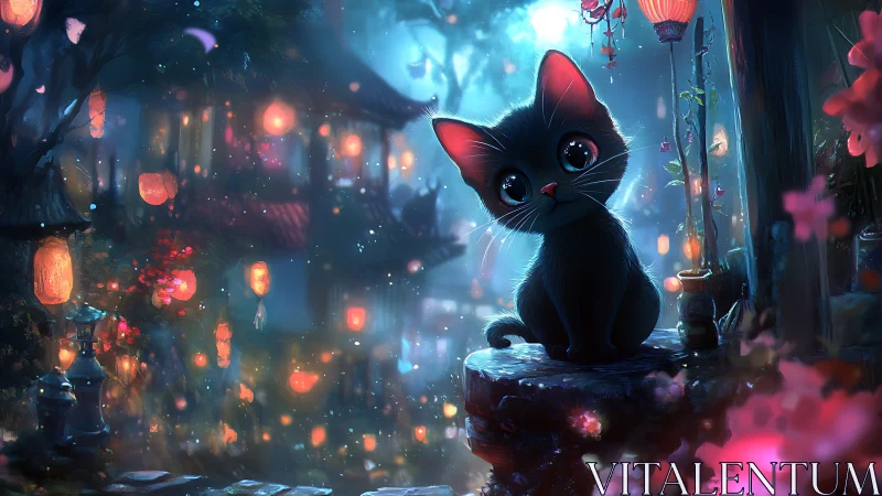Moonlit kitten among glowing lanterns in fantasy street.
