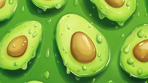 Repetitive avocado halves rendered with glossy digital shading and drops