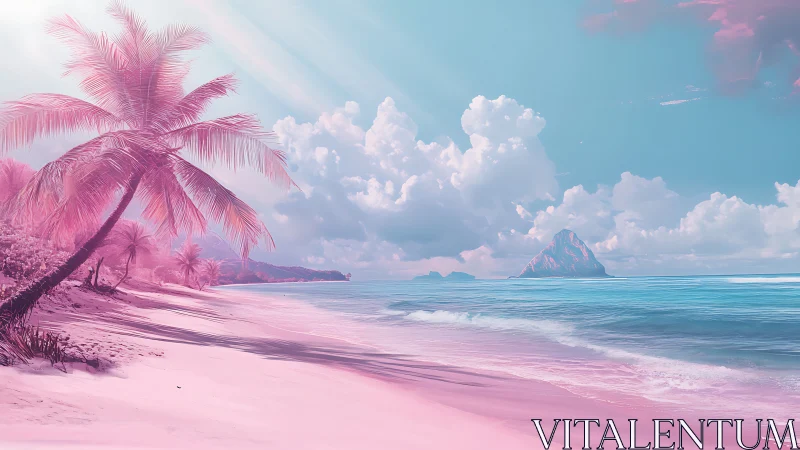 Surreal Tropical Lagoon with Pink Sand Beach and Magenta Palms