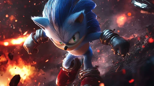 High-energy blue speedster in fiery cinematic battle charge