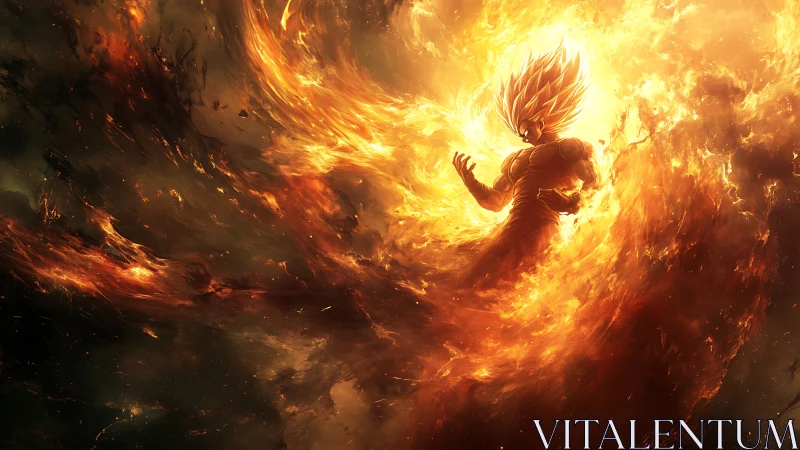 Digital painting of fiery energy warrior in explosive vortex.