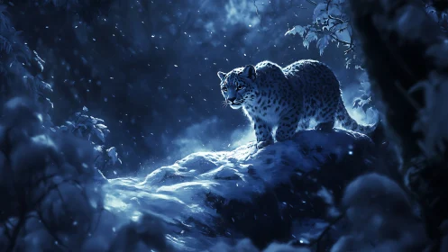 Snow Leopard in Alpine Mountain Terrain During Winter Snowstorm