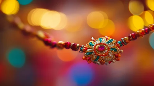 Radiant festive rakhi glows against dreamy colorful lights