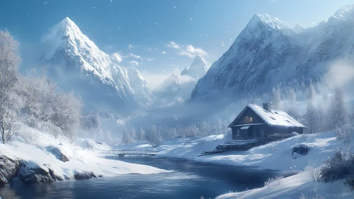 Snow cabin nestles beneath towering blue alpine peaks.