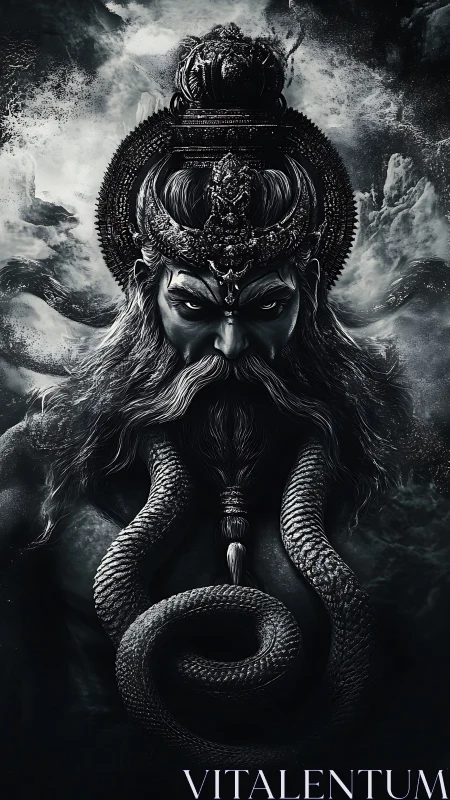 Serpent crowned storm god brooding in monochrome fury.