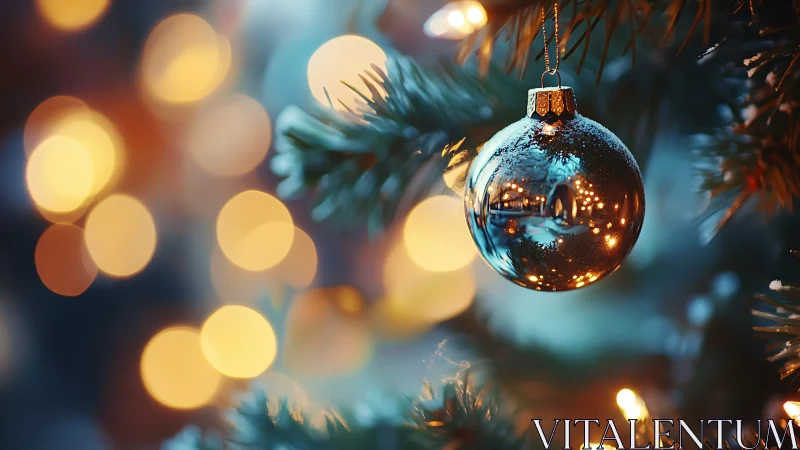 Photorealistic close-up of reflective Christmas ornament bokeh.