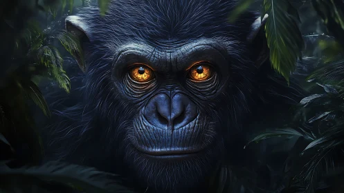 Primate portrait with luminous eyes in dense jungle setting.