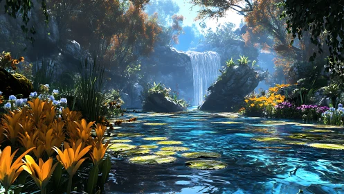 Glowing waterfall garden invites quiet moments beside clear water