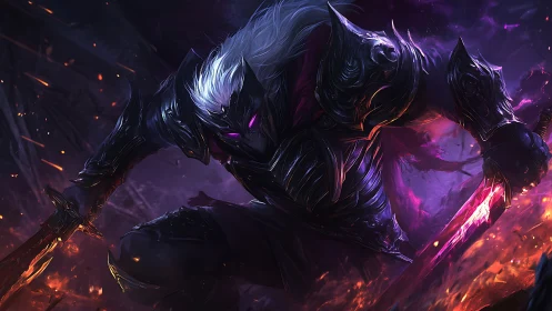 Armored shadow warrior with glowing blades in combat stance.