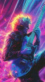 Neon lit electric guitarist in mid performance, vibrant bokeh haze