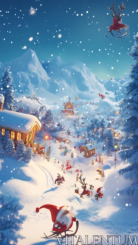 Snow-covered village depicts organized festive night activity
