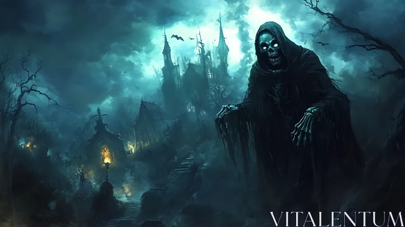 Spectral reaper haunts a fog-drenched gothic graveyard at night.