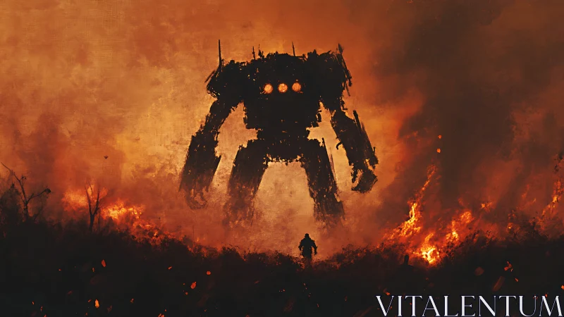 Large robotic silhouette advances through burning landscape