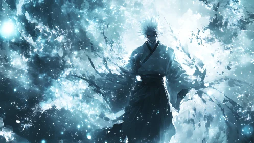 Elemental warrior silhouette amid explosive icy energy field