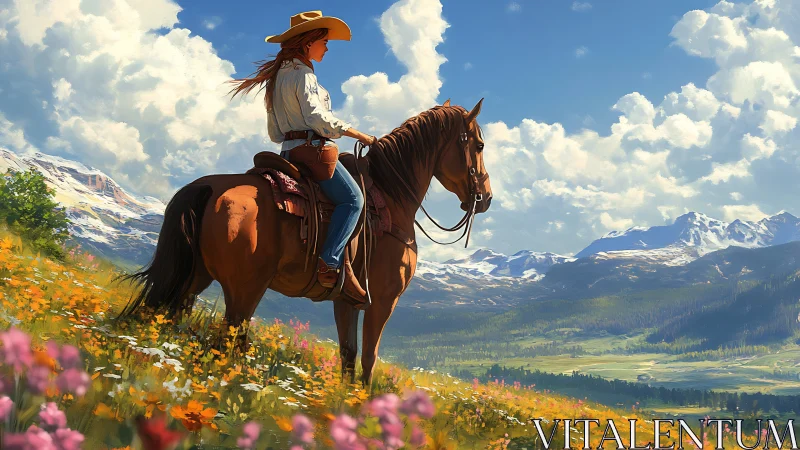 Equestrian surveyor overlooking alpine wildflower valley panorama.