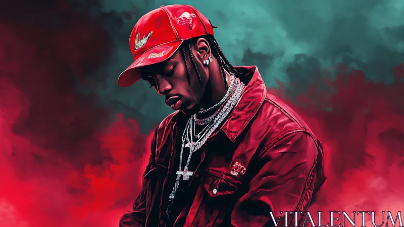 Red-clad hip-hop figure set against teal and crimson haze.