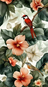 Tropical foliage with hibiscus flowers and perched birds.